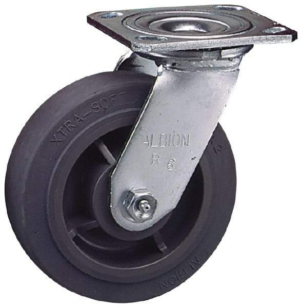 Albion - 8" Diam x 2" Wide x 9-1/2" OAH Top Plate Mount Swivel Caster - Soft Rubber, 675 Lb Capacity, Roller Bearing, 4 x 4-1/2" Plate - Makers Industrial Supply