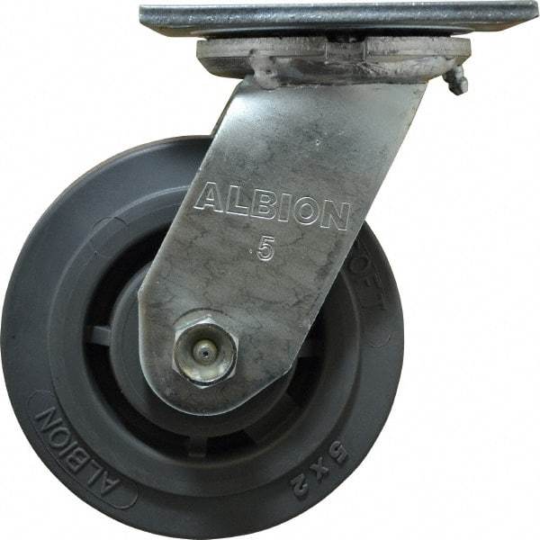 Albion - 5" Diam x 2" Wide x 6-1/2" OAH Top Plate Mount Swivel Caster - Soft Rubber, 350 Lb Capacity, Roller Bearing, 4 x 4-1/2" Plate - Makers Industrial Supply