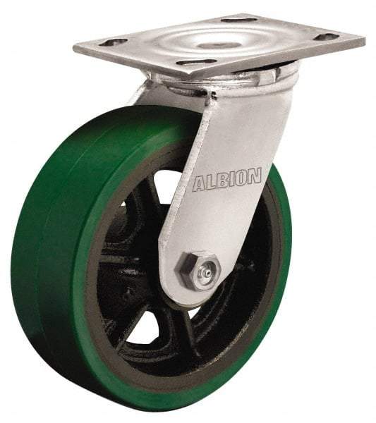 Albion - 8" Diam x 2" Wide x 9-1/2" OAH Top Plate Mount Swivel Caster - Polyurethane, 1,250 Lb Capacity, Roller Bearing, 4 x 4-1/2" Plate - Makers Industrial Supply