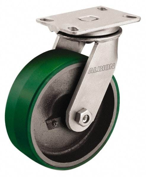 Albion - 10" Diam x 3" Wide x 11-1/2" OAH Top Plate Mount Swivel Caster - Polyurethane, 2,000 Lb Capacity, Roller Bearing, 4-1/2 x 6-1/4" Plate - Makers Industrial Supply