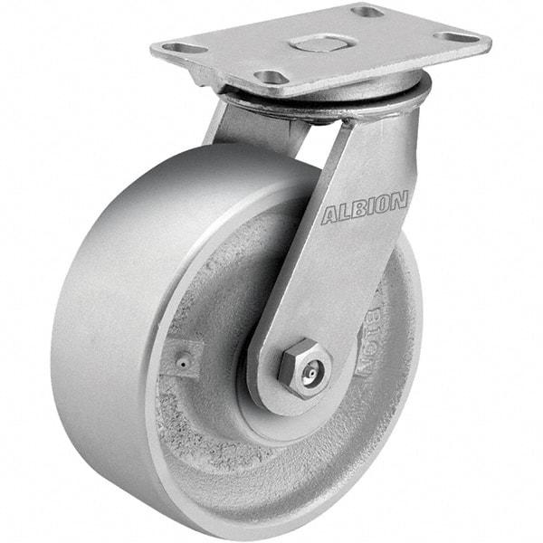 Albion - 8" Diam x 3" Wide x 10-1/8" OAH Top Plate Mount Rigid Caster - Cast Iron, 2,000 Lb Capacity, Roller Bearing, 5 x 6-1/4" Plate - Makers Industrial Supply