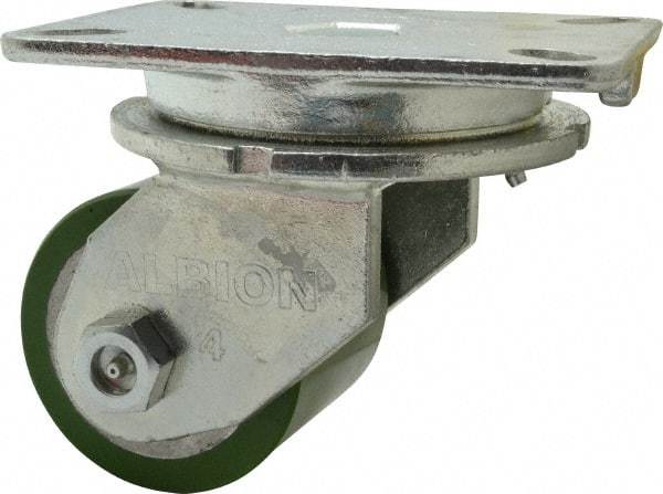 Albion - 4" Diam x 3-1/4" Wide x 6" OAH Top Plate Mount Swivel Caster - Polyurethane, 1,200 Lb Capacity, Roller Bearing, 5-1/4 x 7-1/4" Plate - Makers Industrial Supply