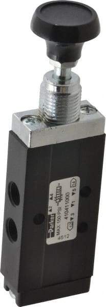 Parker - 0.20 CV Rate, 1/8" NPT Inlet Direct Air 2 Mechanical Spool Valve - 4 Way, 2 Position, 150 Max psi, Button Spring Return - Makers Industrial Supply