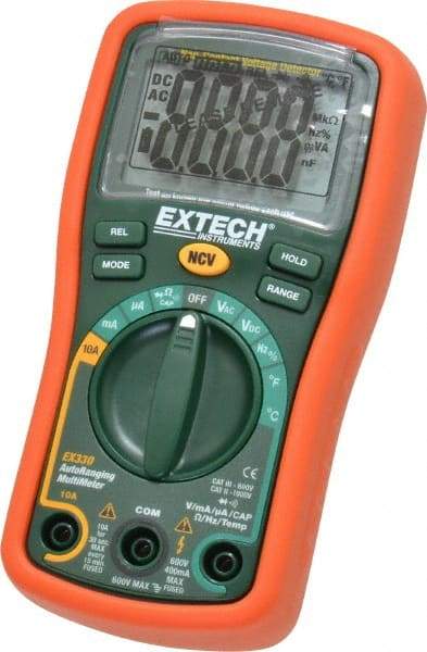 Extech - EX330, CAT III, 600 VAC/VDC, Digital Auto Ranging Multimeter - 40 mOhm, Measures Voltage, Capacitance, Current, Frequency, Resistance, Temperature - Makers Industrial Supply