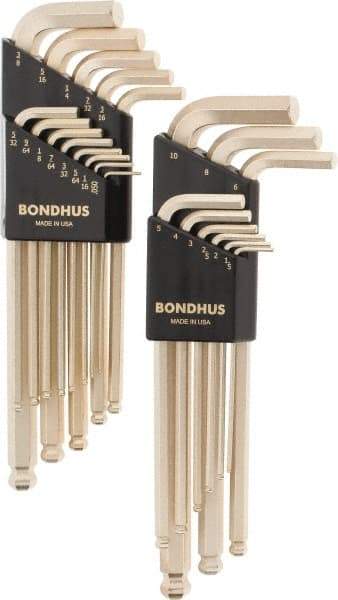 Bondhus - 22 Piece L-Key Ball End Hex Key Set - Hex Range 0.05 to 3/8", Steel - Makers Industrial Supply