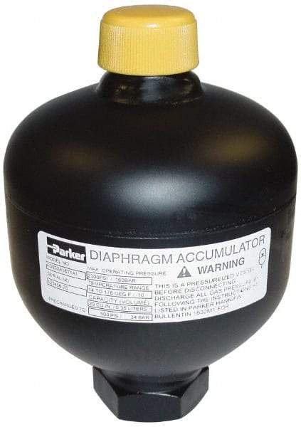 Parker - 5 Lb. Capacity, 3,620 psi Max Working Pressure, 4.35" High, Hydrin Diaphragm Accumulator - 2.52" Diam, 6 SAE Port Thread - Makers Industrial Supply