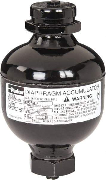 Parker - 10 Lb. Capacity, 3,620 psi Max Working Pressure, 4.69" High, Hydrin Diaphragm Accumulator - 2.95" Diam, 6 SAE Port Thread - Makers Industrial Supply