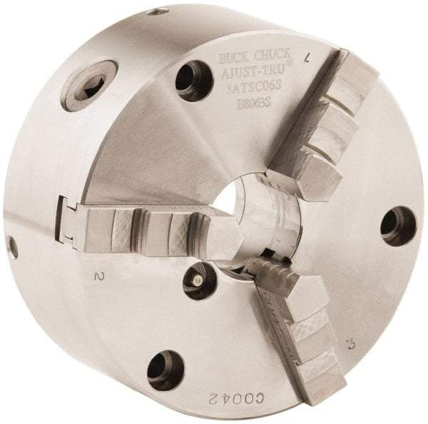 Buck Chuck Company - 3 Jaws, 6" Diam, Self Centering Manual Lathe Chuck - Front Mount, Adjustable, 4,600 Max RPM, 1.78" Through Hole Diam, Forged Steel - Makers Industrial Supply