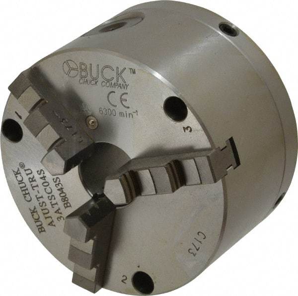 Buck Chuck Company - 3 Jaws, 4" Diam, Self Centering Manual Lathe Chuck - Front Mount, Adjustable, 6,300 Max RPM, 1.04" Through Hole Diam, Forged Steel - Makers Industrial Supply