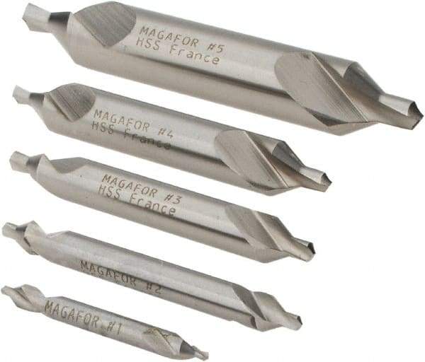 Magafor - 5 Piece, #1 to 5, 1/8 to 7/16" Body Diam, 3/64 to 3/16" Point Diam, Plain Edge, High Speed Steel Combo Drill & Countersink Set - 60° Incl Angle, 0.067 to 0.256" Point Length, 1/8 to 2-3/4" OAL, Double End, 115 Series Compatibility - Makers Industrial Supply