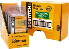 Stanley Bostitch - 23 Gauge 0.0281" Shank Diam 1-3/16" Long Pin Nails for Power Nailers - Steel, Bright Finish, Smooth Shank, Straight Stick Adhesive Collation, Round Head, Diamond Point - Makers Industrial Supply