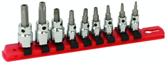 1/4" Drive: T10s; T15s; T20s; T27s; T30s and 3/8" T40s (1/4" Bit) and 3/8" T45s; T50s (5/16" Bit) on rail - Square Drive Replaceable Bit - Security Torx Bit Socket Set - Makers Industrial Supply