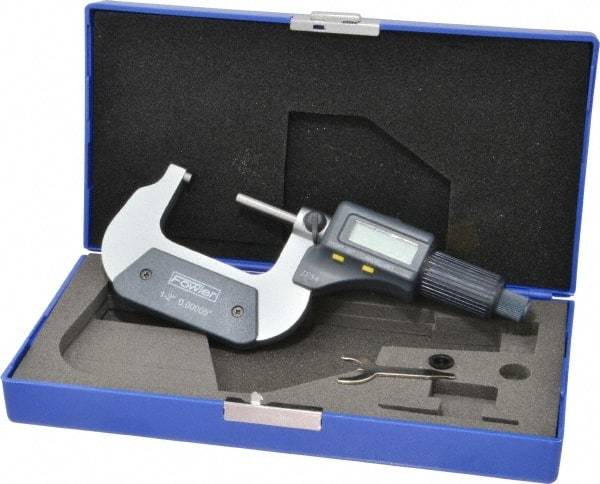 Fowler - 1 to 2 Inch Range, 0.0001 Inch Resolution, Standard Throat, IP54 Electronic Outside Micrometer - 0.0001 Inch Accuracy, Friction Thimble, 357 Battery, Data Output, Includes Case and Wrench - Makers Industrial Supply