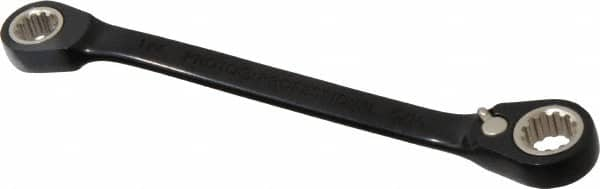 Proto - 1/4" x 5/16" 12 Point Spline Reversible Ratcheting Box Wrench - Double End, 11/16" Head Diam x 1/8" Head Thickness, 4-1/2" OAL, Steel, Black Chrome Finish - Makers Industrial Supply