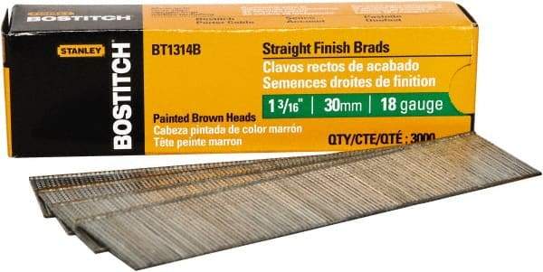 Stanley Bostitch - 18 Gauge 0.05" Shank Diam 1-3/16" Long Brad Nails for Power Nailers - Steel, Bright Finish, Ring Shank, Straight Stick Adhesive Collation, Brad Head, Chisel Point - Makers Industrial Supply