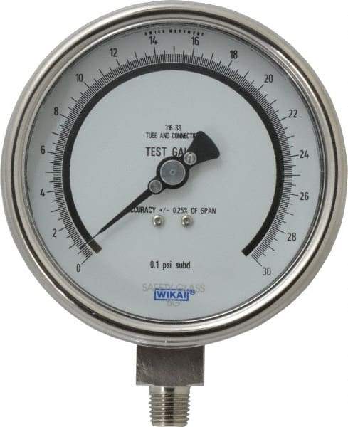 Wika - 4" Dial, 1/4 Thread, 0-30 Scale Range, Pressure Gauge - Lower Connection Mount, Accurate to 0.25% of Scale - Makers Industrial Supply