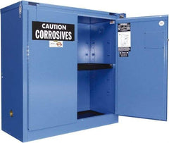 Securall Cabinets - 2 Door, 1 Shelf, Blue Steel Standard Safety Cabinet for Corrosive Chemicals - 46" High x 43" Wide x 18" Deep, Self Closing Door, 3 Point Key Lock, 30 Gal Capacity - Makers Industrial Supply