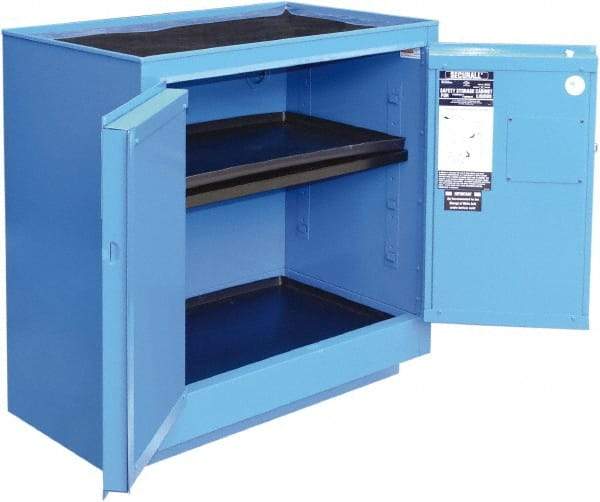 Securall Cabinets - 2 Door, 1 Shelf, Blue Steel Standard Safety Cabinet for Corrosive Chemicals - 36" High x 35" Wide x 22" Deep, Manual Closing Door, 3 Point Key Lock, 24 Gal Capacity - Makers Industrial Supply