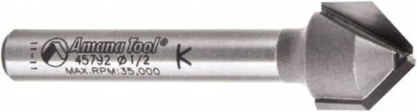Amana Tool - 1/2" Cut Diam, 3/8" Length of Cut, 2 Flute V-Groove Edge Profile Router Bit - Carbide-Tipped, 1/4" Shank Diam, 2" OAL, Uncoated - Makers Industrial Supply