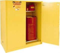 Securall Cabinets - 56" Wide x 31" Deep x 65" High, 18 Gauge Steel Vertical Drum Cabinet with 3 Point Key Lock - Yellow, Manual Closing Door, 1 Shelf, 2 Drums, Drum Rollers Included - Makers Industrial Supply