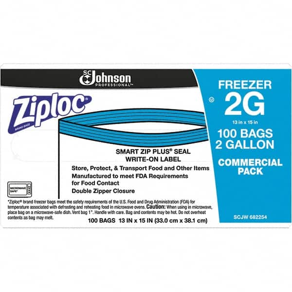 Ziploc - 100 Piece, 2 Gallon Capacity, 13 Inch Long x 15-1/2 Inch Wide, Ziploc Freezer Bag - 2.7 mil Thick, Rectangle Clear Plastic - Makers Industrial Supply