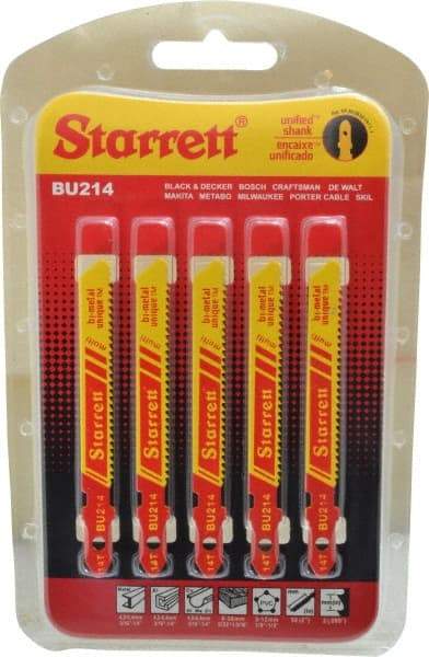 Starrett - 3" Long, 14 Teeth per Inch, Bi-Metal Jig Saw Blade - Toothed Edge, 5/16" Wide x 0.04" Thick, U-Shank, Wavy Tooth Set - Makers Industrial Supply