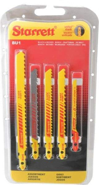 Starrett - 5 Piece, 3" to 5" Long, 6 to 14 Teeth per Inch, Bi-Metal Jig Saw Blade Set - Toothed Edge, 3/16" to 3/8" Wide, 0.04" to 0.05" Thick, U-Shank - Makers Industrial Supply