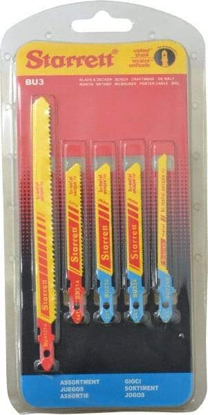 Starrett - 5 Piece, 3" to 5" Long, 10-14 to 32 Teeth per Inch, Bi-Metal Jig Saw Blade Set - Toothed Edge, 3/16" to 3/8" Wide, 0.04" to 0.04" Thick, U-Shank - Makers Industrial Supply