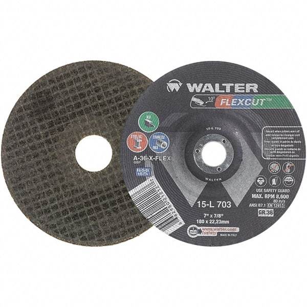 WALTER Surface Technologies - 7" Diam x 7/8" Hole, 36 Grit Surface Grinding Wheel - Aluminum Oxide, Very Coarse Grade, 8,600 Max RPM - Makers Industrial Supply