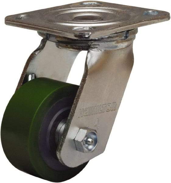 Hamilton - 3-1/4" Diam x 1-1/2" Wide x 5-1/4" OAH Top Plate Mount Swivel Caster - Polyurethane Mold onto Cast Iron Center, 475 Lb Capacity, Straight Roller Bearing, 4 x 4-1/2" Plate - Makers Industrial Supply