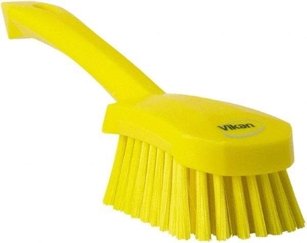 Vikan - 1.3" Bristle Length, Polyester Scrub Brush - 4-1/4" Long x 2-3/4" Wide Head, 10" OAL, Yellow, Polypropylene Block - Makers Industrial Supply