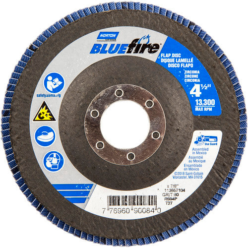 ‎4-1/2 × 7/8″ BlueFire Fiberglass HD Flat Flap Disc Type 27 P80 Grit R884P1 Zirconia Alumina - Makers Industrial Supply