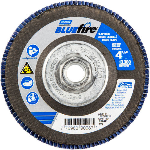 ‎4-1/2 × 5/8 - 11″ BlueFire Fiberglass HD Flat Flap Disc Type 27 P60 Grit R884P1 Zirconia Alumina - Makers Industrial Supply