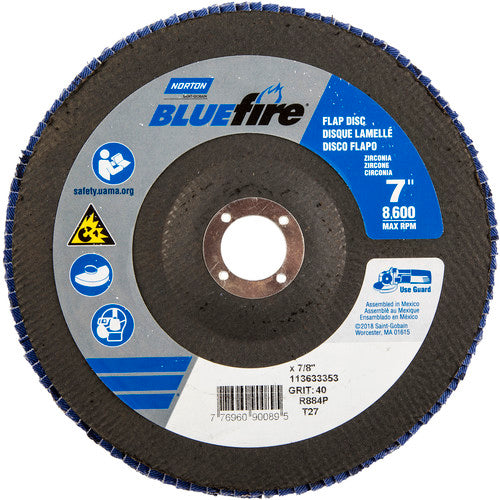 7 × 7/8″ BlueFire Fiberglass HD Flat Flap Disc Type 27 P40 Grit R884P1 Zirconia Alumina - Makers Industrial Supply