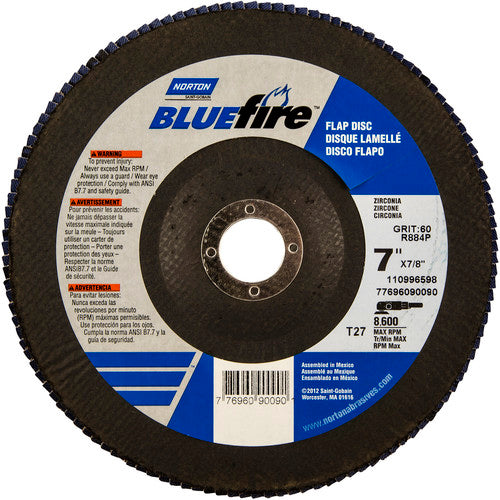 7 × 7/8″ BlueFire Fiberglass HD Flat Flap Disc Type 27 P60 Grit R884P1 Zirconia Alumina - Makers Industrial Supply