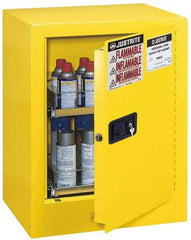 Justrite - 1 Door, 2 Shelf, Yellow Steel Bench Top Safety Cabinet for Flammable and Combustible Liquids - 27" High x 21" Wide x 18" Deep, Manual Closing Door, 4 Gal Capacity - Makers Industrial Supply