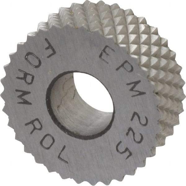 Made in USA - 1/2" Diam, 90° Tooth Angle, 25 TPI, Standard (Shape), Form Type High Speed Steel Male Diamond Knurl Wheel - 3/16" Face Width, 3/16" Hole, Circular Pitch, 30° Helix, Bright Finish, Series EP - Exact Industrial Supply