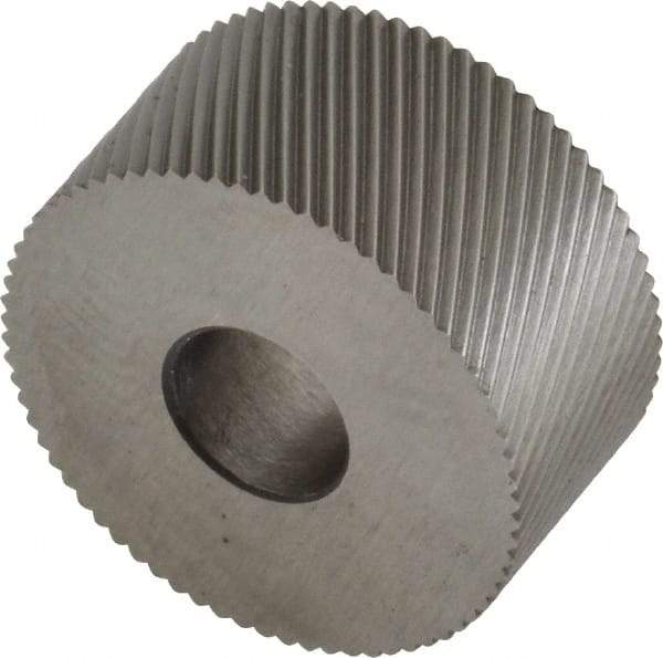 Made in USA - 3/4" Diam, 90° Tooth Angle, 35 TPI, Standard (Shape), Form Type High Speed Steel Left-Hand Diagonal Knurl Wheel - 3/8" Face Width, 1/4" Hole, Circular Pitch, 30° Helix, Bright Finish, Series KP - Exact Industrial Supply