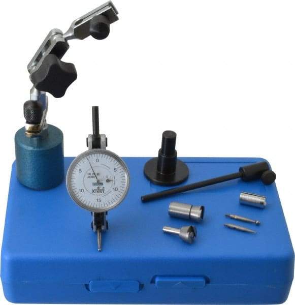 Fowler - 9 Piece, 0" to 0.06" Measuring Range, 1-1/2" Dial Diam, 0-15-0 Dial Reading, Horizontal White Dial Test Indicator Kit - 0.08" Ball Diam, 0.0005" Dial Graduation - Makers Industrial Supply