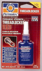 Permatex - 10 mL Bottle, Red, High Strength Liquid Threadlocker - Series 262, 24 hr Full Cure Time, Hand Tool, Heat Removal - Makers Industrial Supply