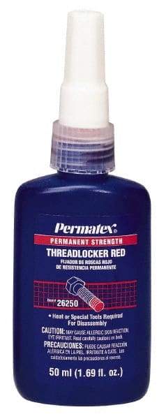 Permatex - 50 mL Bottle, Red, High Strength Liquid Threadlocker - Series 262, 24 hr Full Cure Time, Hand Tool, Heat Removal - Makers Industrial Supply