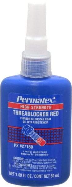 Permatex - 50 mL Bottle, Red, High Strength Liquid Threadlocker - Series 271, 24 hr Full Cure Time, Hand Tool, Heat Removal - Makers Industrial Supply