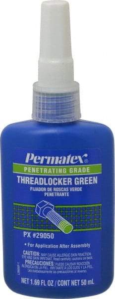 Permatex - 50 mL Bottle, Green, Liquid Medium Strength Threadlocker - Series 290, 24 hr Full Cure Time, Hand Tool, Heat Removal - Makers Industrial Supply