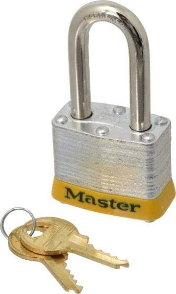 Master Lock - Keyed Different Retaining Key Conductive Lockout Padlock - 1-1/2" Shackle Clearance, 9/32" Shackle Diam, 1-1/4" Body Height x 1-9/16" Body Width, Yellow, 4 Pins - Makers Industrial Supply