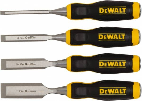 DeWALT - 4 Piece Wood Chisel Set - 11-29/32" OAL, High-impact Polypropylene & Rubber, Sizes Included 1/4 to 1" - Makers Industrial Supply