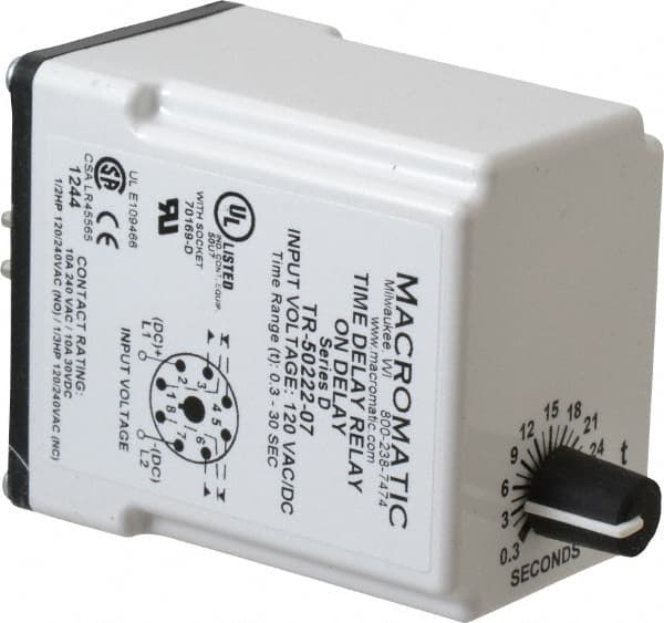 Macromatic - 8 Pin, Multiple Range DPDT Time Delay Relay - 10 Contact Amp, 120 VAC/VDC, Knob - Makers Industrial Supply