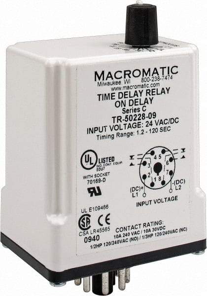 Macromatic - 8 Pin, Multiple Range DPDT Time Delay Relay - 10 Contact Amp, 24 VAC/VDC, Knob - Makers Industrial Supply