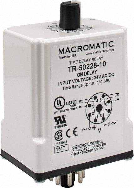 Macromatic - 8 Pin, Multiple Range DPDT Time Delay Relay - 10 Contact Amp, 24 VAC/VDC, Knob - Makers Industrial Supply