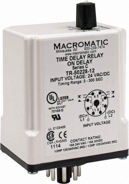 Macromatic - 8 Pin, Multiple Range DPDT Time Delay Relay - 10 Contact Amp, 24 VAC/VDC, Knob - Makers Industrial Supply