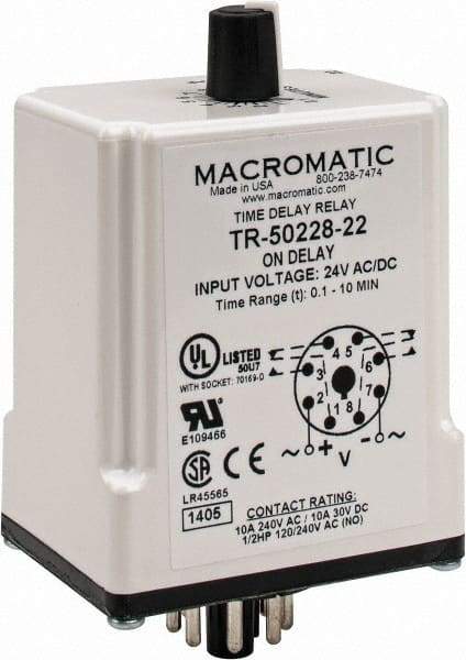 Macromatic - 8 Pin, 10 min Delay, Multiple Range DPDT Time Delay Relay - 10 Contact Amp, 24 VAC/VDC, Knob - Makers Industrial Supply